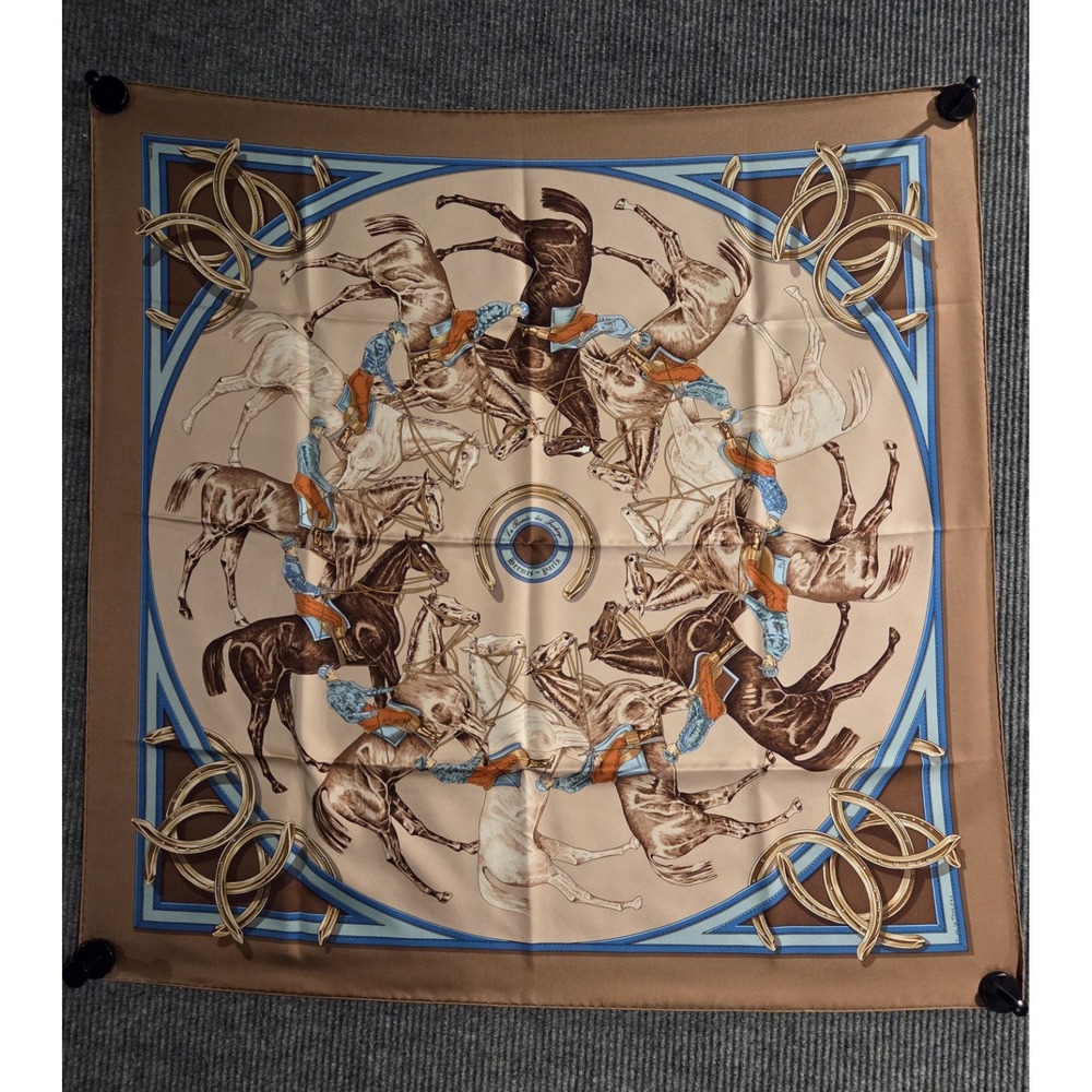 Vtg Authentic HERMES Silk Scarf La Ronde des Jockeys Brown Blue Box France 90cm